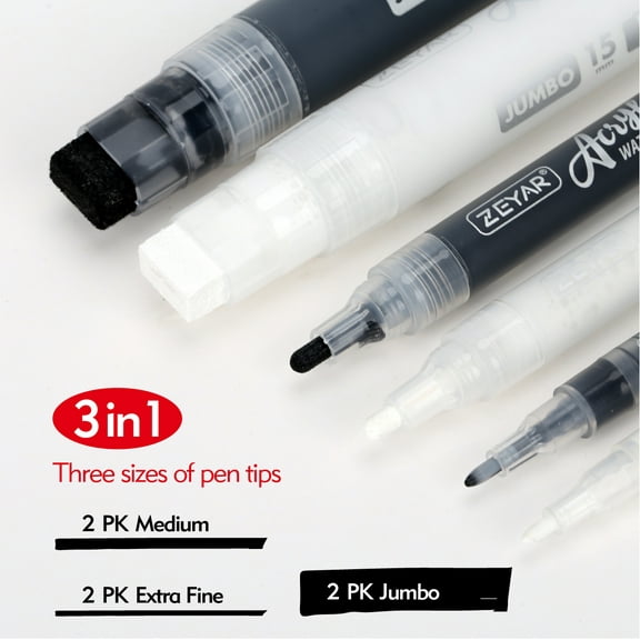 ZEYAR Acrylic Paint Marker Pens, Black & White Colors, 3 Different Point Size per Pack: Extra Fine(0.7-1mm), Medium Bullet Point(2-3mm),Jumbo Felt Tip(10-15mm) (Black & White, Extra fine,Medium,Jumbo)