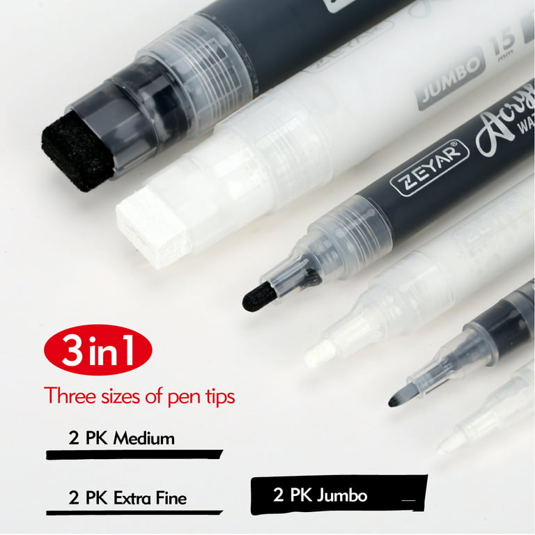 ZEYAR Acrylic Paint Marker Pens, Black & White Colors, 3 Different Point  Size per Pack: Extra Fine(0.7-1mm), Medium Bullet Point(2-3mm),Jumbo Felt  Tip(10-15mm) (Black & White, Extra fine,Medium,Jumbo) 