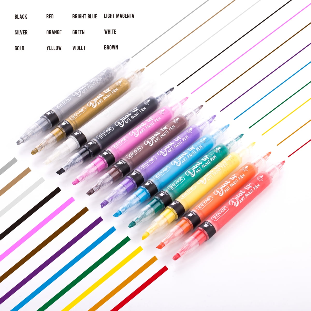 ZEYAR Dual Tip Acrylic Paint Pen 12 Colors, Board and Extra Fine Tips ...