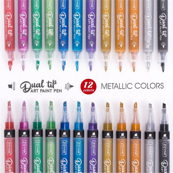 ZEYAR Dual Tip Acrylic Paint Pen Metallic Colors, Board and Extra Fine Tips, Patented Product, AP Certified, Waterproof Ink, Works on Rock, Wood, Glass, Metal, Ceramic and More (12 Metallic Colors)