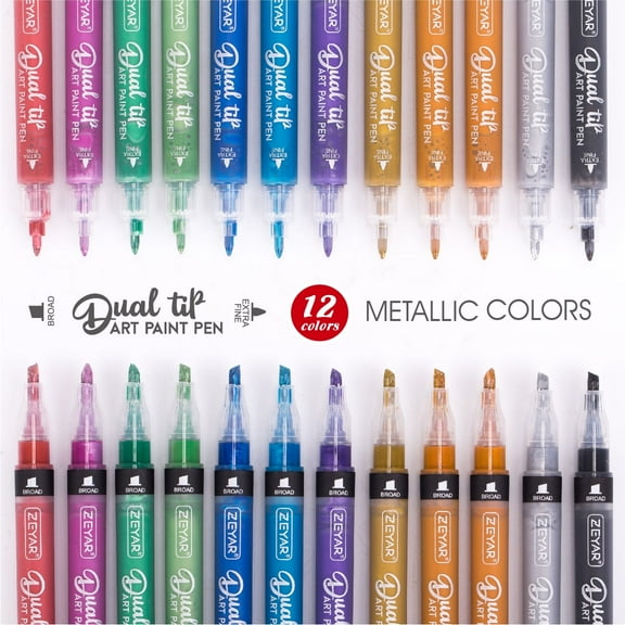 ZEYAR Dual Tip Acrylic Paint Pen Metallic Colors, Board and Extra Fine Tips, Patented Product, AP Certified, Waterproof Ink, Works on Rock, Wood, Glass, Metal, Ceramic and More (12 Metallic Colors)