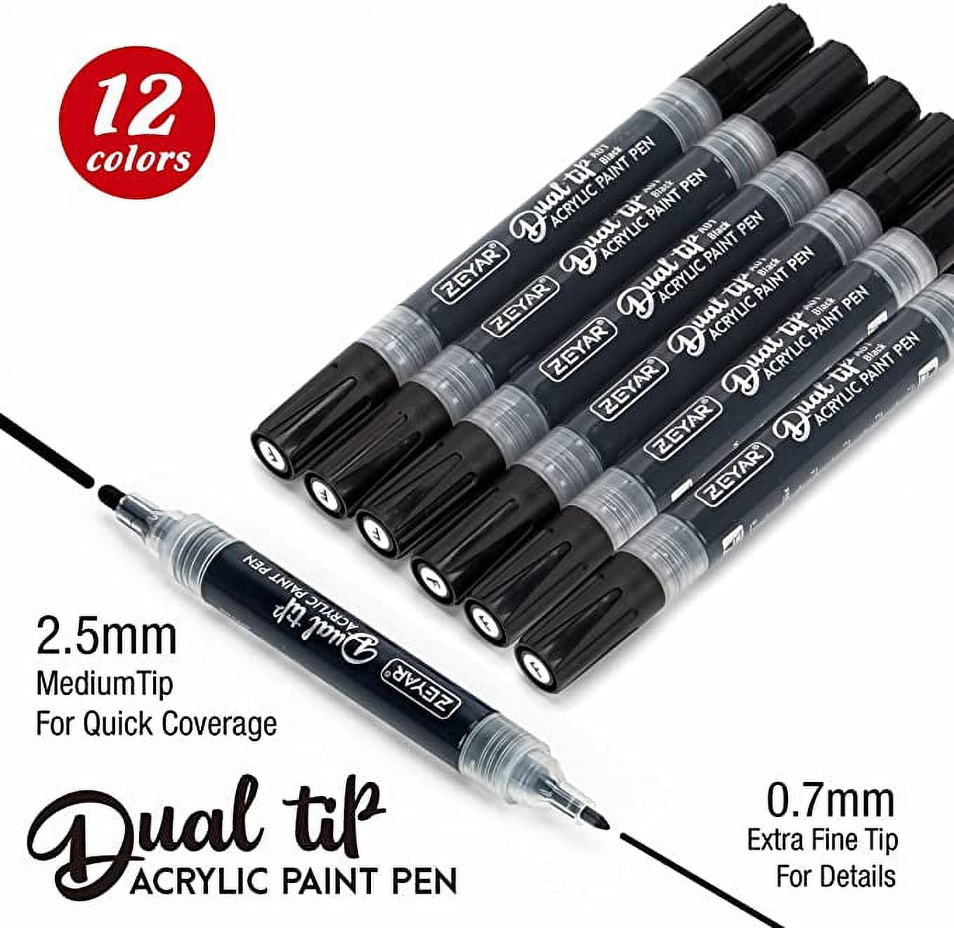 ZEYAR Dual Tip Acrylic Paint Marker Pens, Medium & Extra Fine Tips, Water  Based Acrylic & Waterproof Ink, for Rock, Wood, Glass, Metal, Ceramic and  More(3 Black & 3 White) 