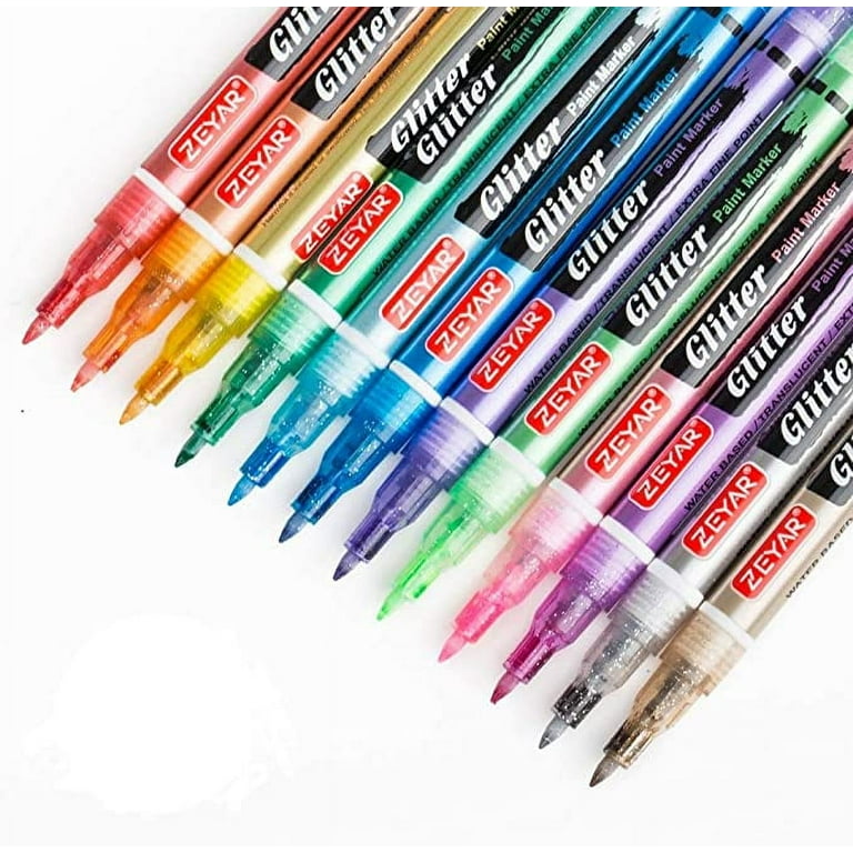 ZEYAR Dual Tip Acrylic Paint Pen Metallic Colors, Board and Extra Fine Tips,  Patented Product, AP Certified, Waterproof Ink, Works on Rock, Wood, Glass,  Metal, Ceramic and More (12 Metallic Colors) 