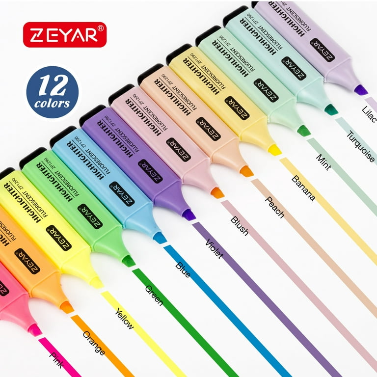 ZEYAR Highlighters, Dual Tips Marker Pen, Chisel and Fine Tips, 12 colors,  Water Based, Assorted Colors, Quick Dry (12 colors) 