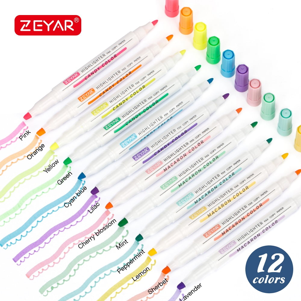ZEYAR Highlighters, Dual Tips Marker Pen, Chisel and Fine Tips, 12