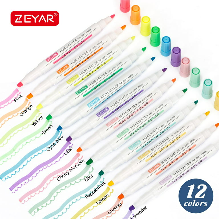 ZEYAR Highlighters, Dual Tips Marker Pen, Chisel and Fine Tips, 12 colors,  Water Based, Assorted Colors, Quick Dry (12 colors)
