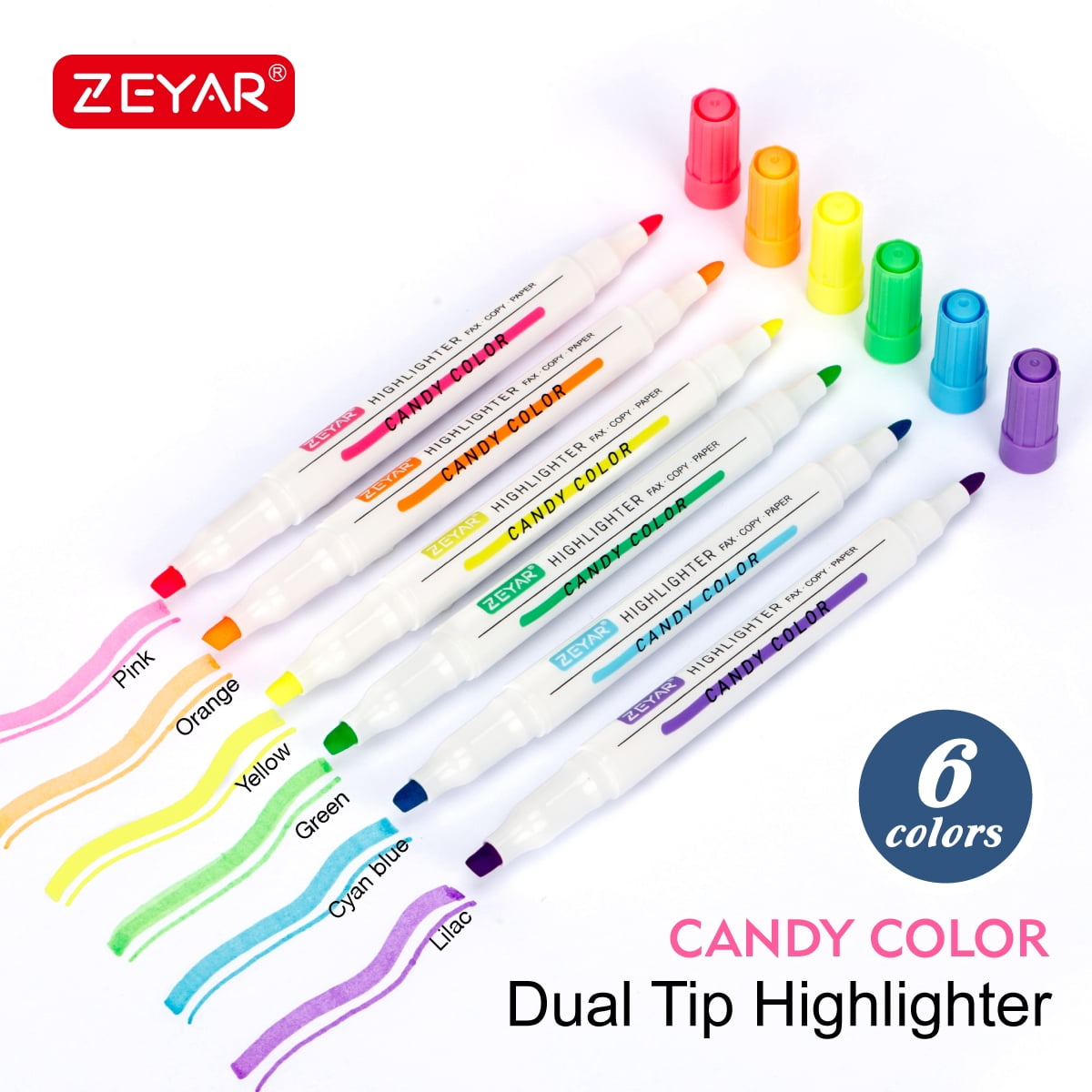 ZEYAR Aesthetic Highlighter Pen, Chisel Tip Marker Pen, AP Certified，  Assorted Colors, Water Based, Quick Dry, Cute Highlighters, Patented  Product (6