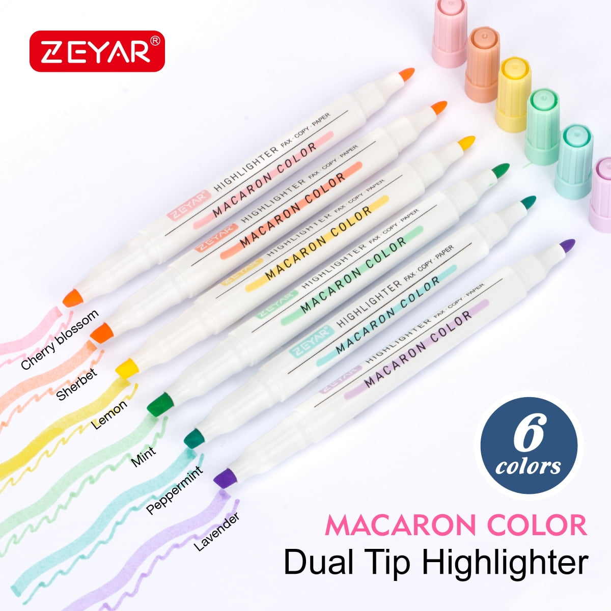 ZEYAR Highlighters, Dual Tips Marker Pen, Chisel and Fine Tips, 6