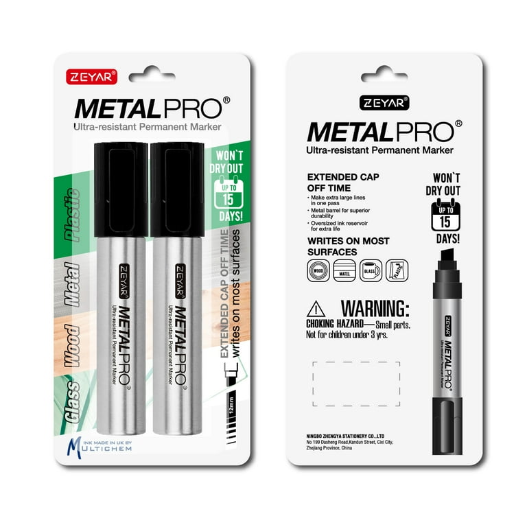 ZEYAR Permanent Markers Pen, Jumbo size, Aluminum Barrel, Set of 2, Premium Waterproof & Smear Proof Markers, Quick Drying, Writ