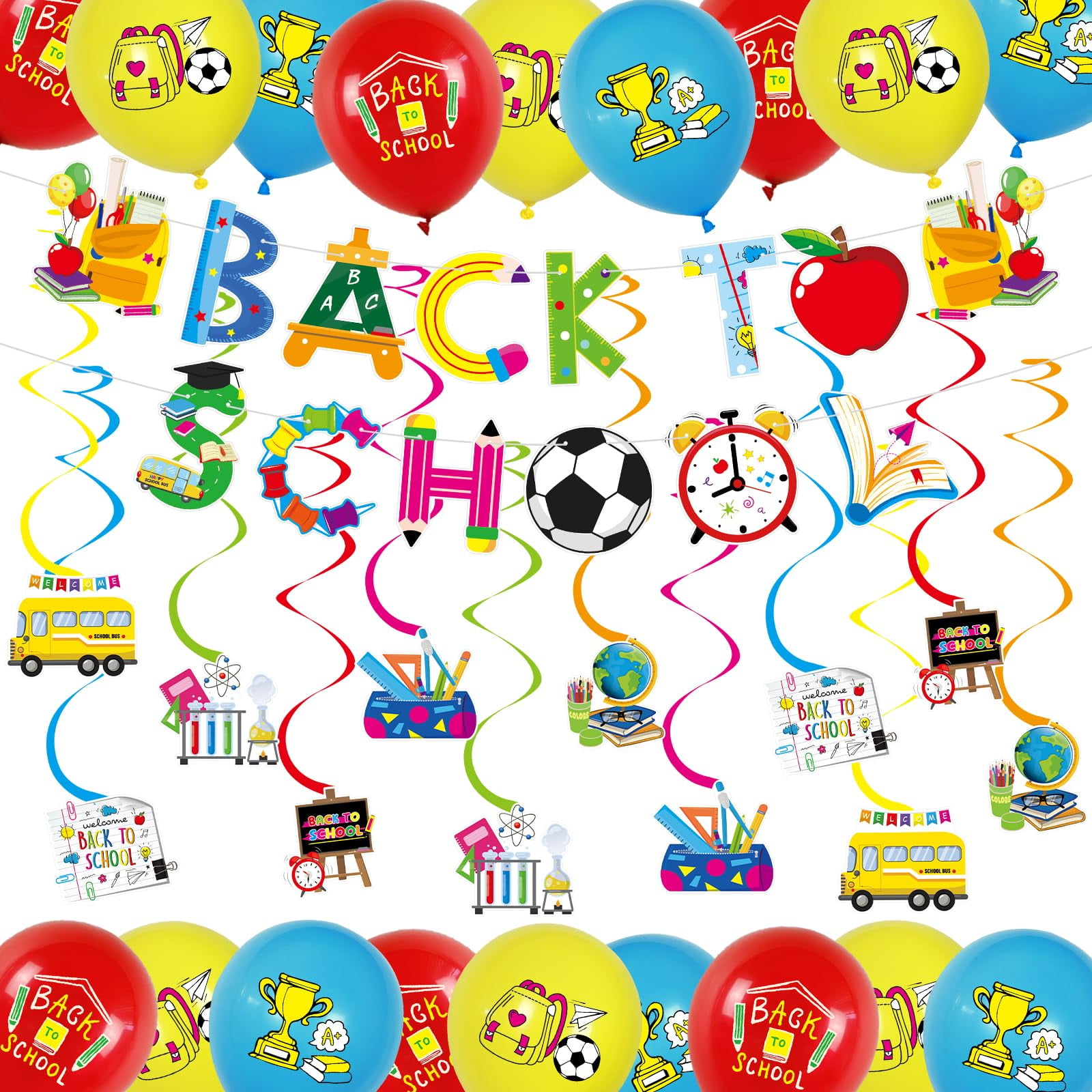 ZEYGC Back To School Decorations with Banner, Paper Spiral Hanging Cards and Latex Balloons, Kindergarten Daycare Party Supply, 31pcs