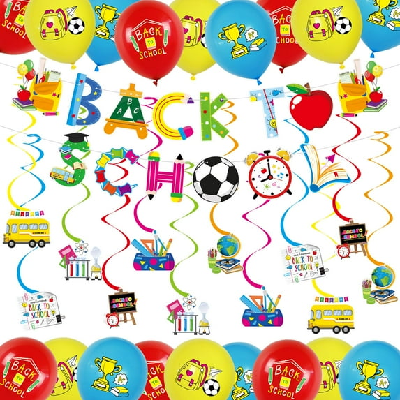 ZEYGC Back To School Decorations with Banner, Paper Spiral Hanging Cards and Latex Balloons, Kindergarten Daycare Party Supply, 31pcs