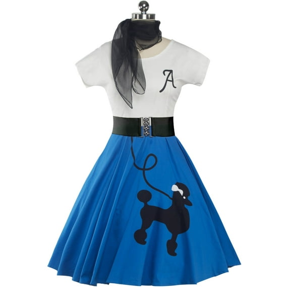 ZEZCLO Retro Poodle Print High Waist Skater Vintage Rockabilly Swing Tee Cocktail Dress Retro Poodle Print High Waist Skater Dress Bright Blue XL