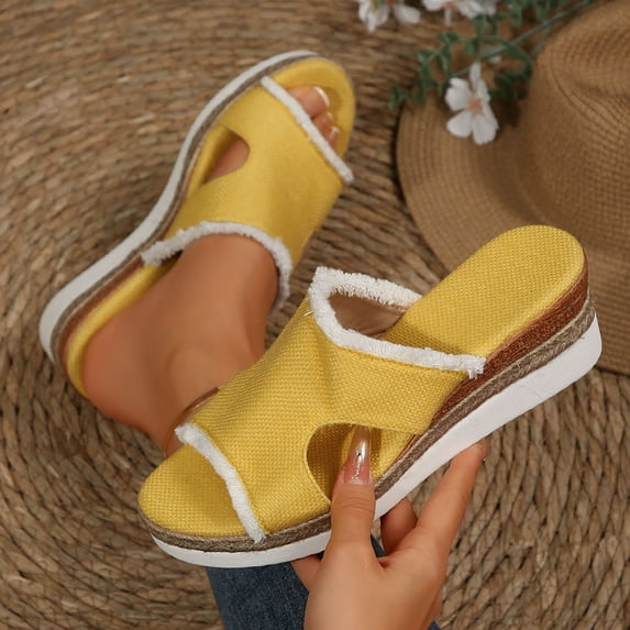 ZEZKT Women's Flat Slippers Sandals Dressy Summer Open Toe Slip On Leather Slide Sandals Yellow 8.5