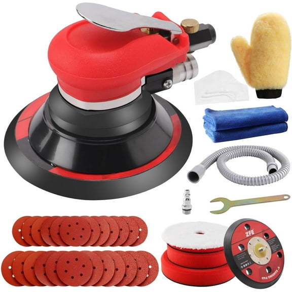 ZFE Random Orbital Sander 5" & 6" Pneumatic Palm Sander with Extra 5" Backing Plate, Sponge Polishing Pads, Sandpapers Low Vibration and Heavy Duty for Wood, Composites, Metal