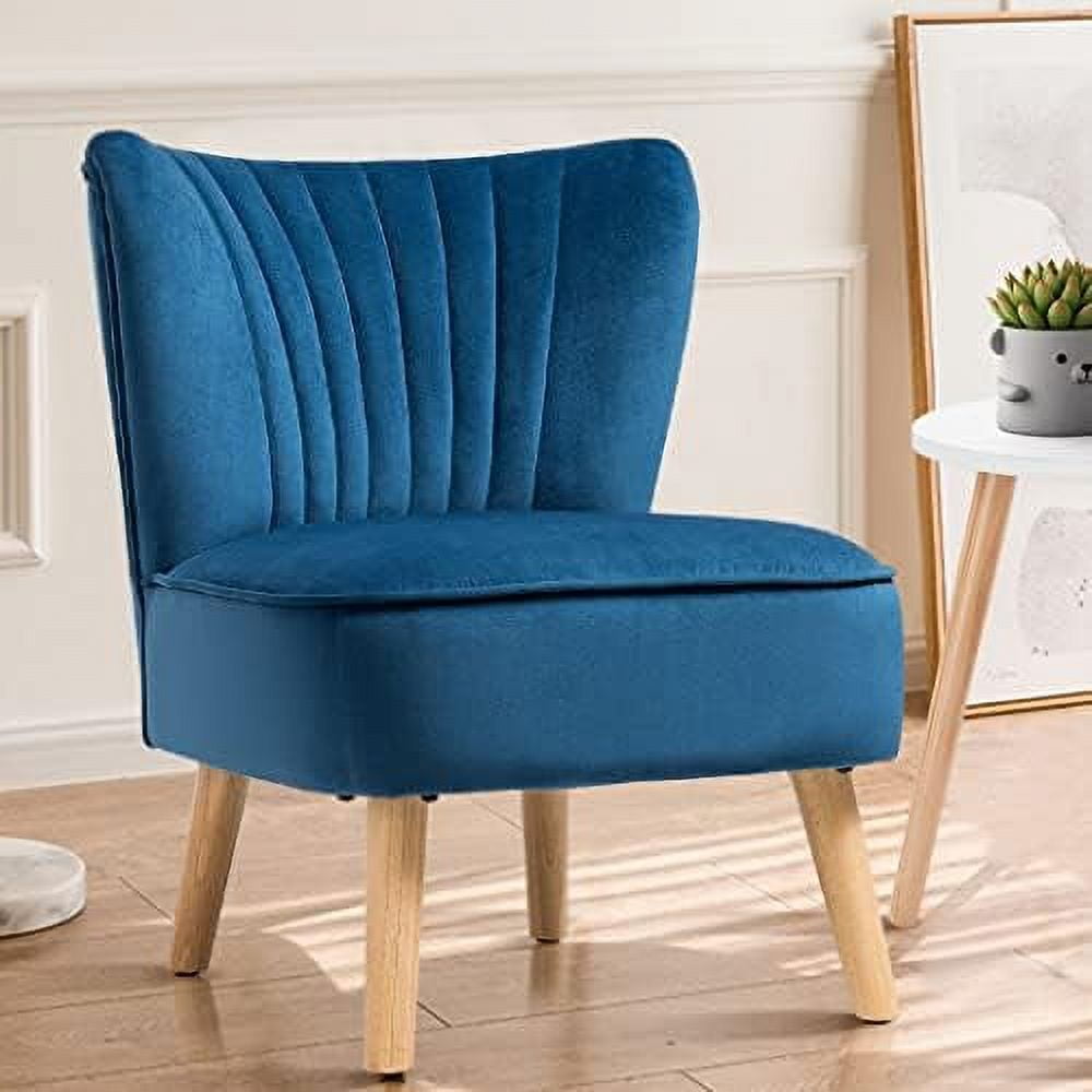 Blue Velvet Armless Side Chair with Wood Legs
