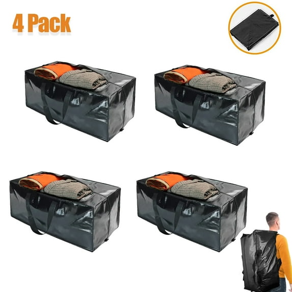 4 Pack Heavy Duty Moving Bags, Extra Large Storage Totes W/ Backpack Straps Strong Handles Zippers, Reusable Plastic Moving Totes, Black