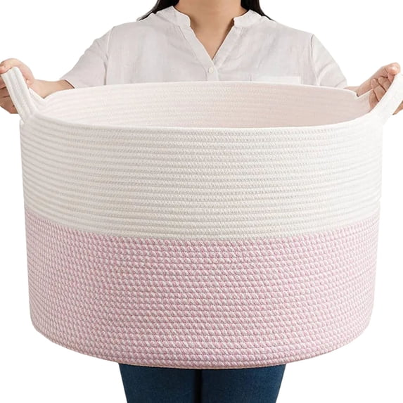 ZFITEI Woven Rope Cotton Blanket Basket, Pink Storage Basket