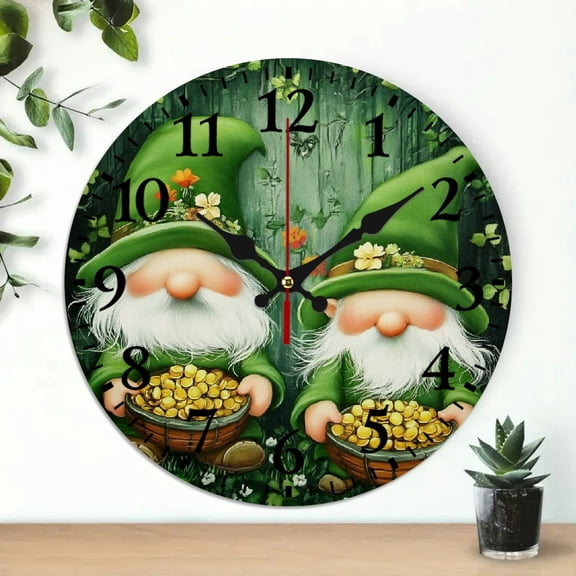 ZFLMY 10 Inch Round Wooden Wall Clock Gnomes Pot of Gold Green Print Battery Operated Wall Hanging Decor - Perfect for Living Rooms, Kitchens, Dorms 10x10in