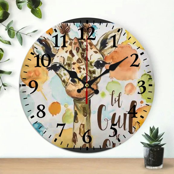 ZFLMY 10 Inch Round Wooden Wall Clock for Home Decor, Giraffe Print, Silent Mechanical Movement 10x10in