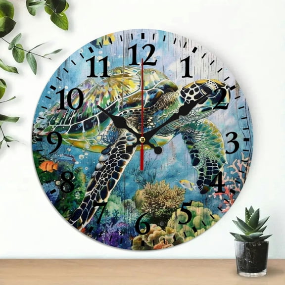ZFLMY 10 Inch Round Wooden Wall Clock for Home Decor, Turtle Corals Ocean Print, Wall Hanging Decor for Living Room 10x10in