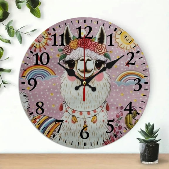 ZFLMY 10-Inch Round Wooden Wall Clock with Llama Kitsch Print, Wall Hanging Decor for Living Room - Ideal for Home Decor and Everyday Gifts 10x10in