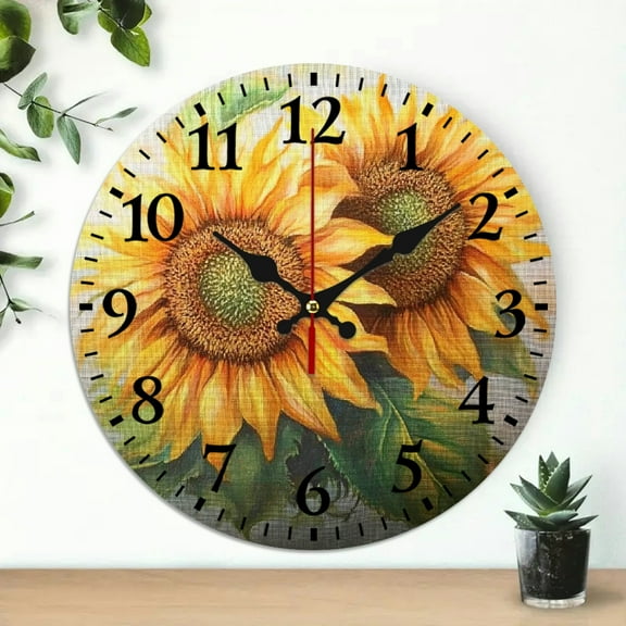 ZFLMY 10 Inch Wooden Wall Clock Sunflowers Print Battery Operated Wall Decor for Living Room Kitchen Dorms Perfect for Everyday Gifts 10x10in