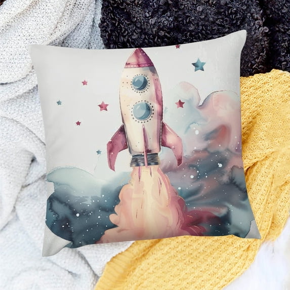 ZFLMY 100% Linen Rocket Ship Stars Space Pillow Cover for Sofa 20x20in