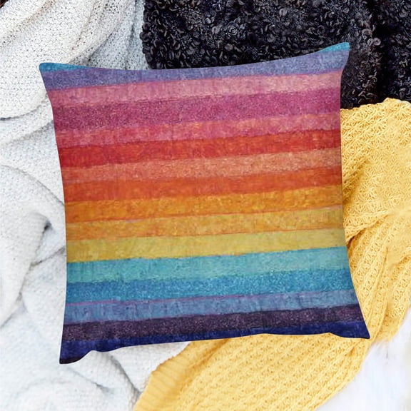 ZFLMY Abstract Throw Pillow Cushion Cover, Rainbow Colored Horizontal Striped Lines Vibrant Hand Drawn Design, Decorative Square Accent Pillow Case 18x18in