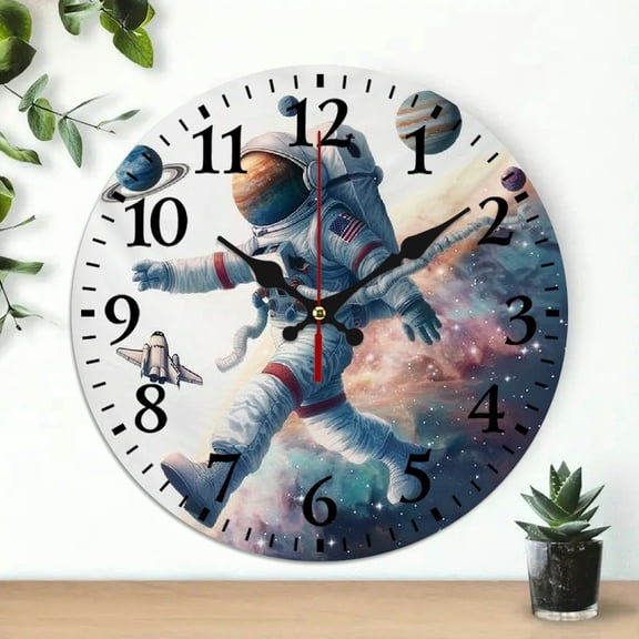 ZFLMY Astronaut Planets Space Shuttle Theme Wooden Wall Clock, 10 Inch Round Clock for Home Decor 10x10in