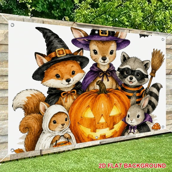 ZFLMY Backdrop Banner, Cute Woodland Witch Animals Pumpkin Watercolor Print  Large Banner for Home Decor,  Celebrate Photography Background Party Decor Indoor Outdoor