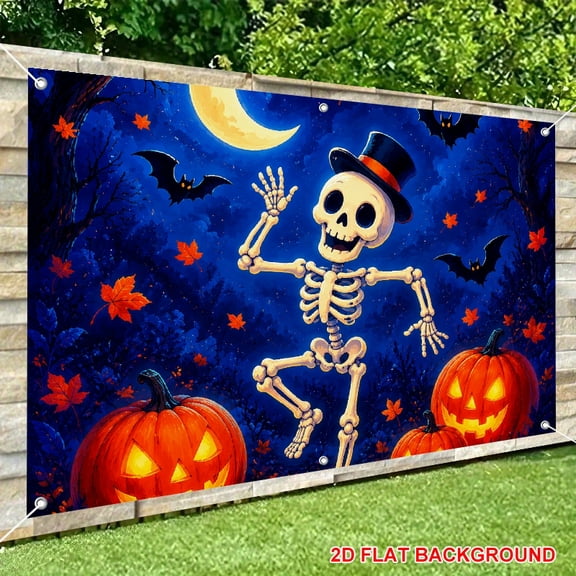 ZFLMY Backdrop Banner, Dancing Top Hat Skeleton Pumpkin Print Celebrate Photography Background Party, Large Banner for Home Decor Decor Indoor Outdoor