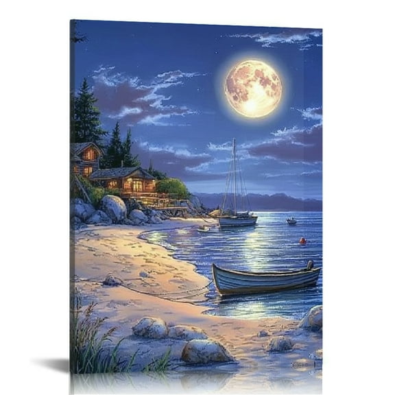 ZFLMY Beach Boat Full Moon Canvas Prints Wall Art Ready to Hang Home Decor Living Room Bathroom Bedroom Office 12x16/16x20 Inches 12x16in