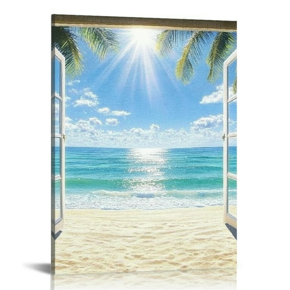 ZFLMY Beach Ocean Window Canvas Print Wall Art Decor for Home Living Room Bathroom Office, Perfect Gift for Wedding Christmas Birthday 12x16in