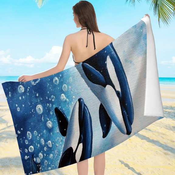 ZFLMY Beach Towel for Women - Orca Whales Water Bubbles Print, Ultra-Soft Microfiber for Bathroom, Beach, Yoga, Camping, Hiking, Oversized 55.1x27.6 Inches 55.1x27.6in