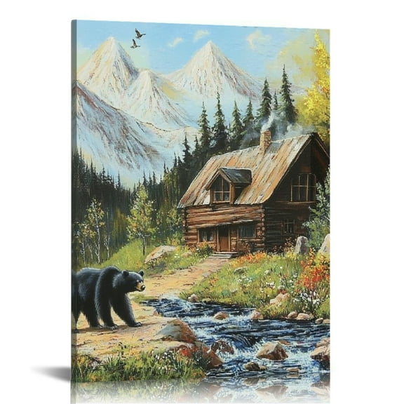 ZFLMY Bear Cabin Mountain Art Modern Canvas Wall Art Home Decor 16x20in