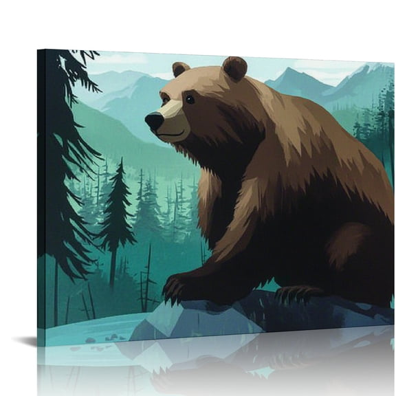 ZFLMY Bear Forest Rock Canvas Print Wall Art Decor Ready To Hang Room Home Art Decor 16x12in