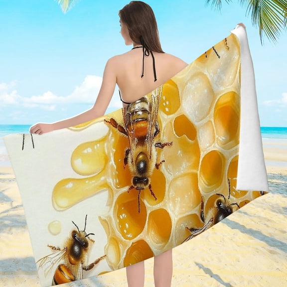 ZFLMY Bees Honeycomb Honey Drops Travel Swimming Bath Towel for Adults Women Men - Ultra-Soft Microfiber Machine Washable, for Bathroom, Beach, Yoga, Camping, Hiking 55.1x27.6in