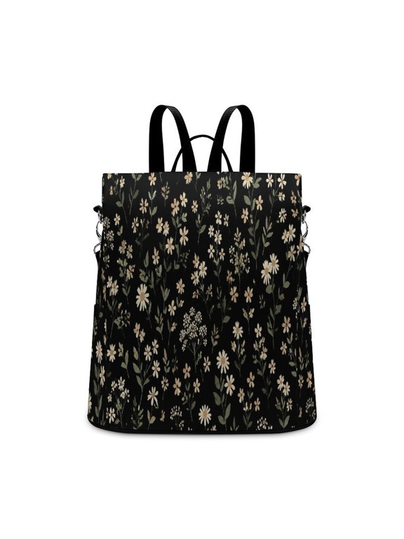 Beige White Daisy Wildflower Seamless Pattern On Black Background Anti Theft Backpack, Purse for Women, Secure Back Zipper, Multi-Purpose Rucksack Backpack With Adjustable Strap, Womens Travel