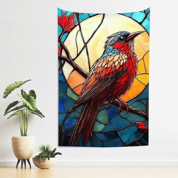 ZFLMY Bird Full Moon Stained Glass Tapestry Wall Hanging 100% Polyester 40*60in