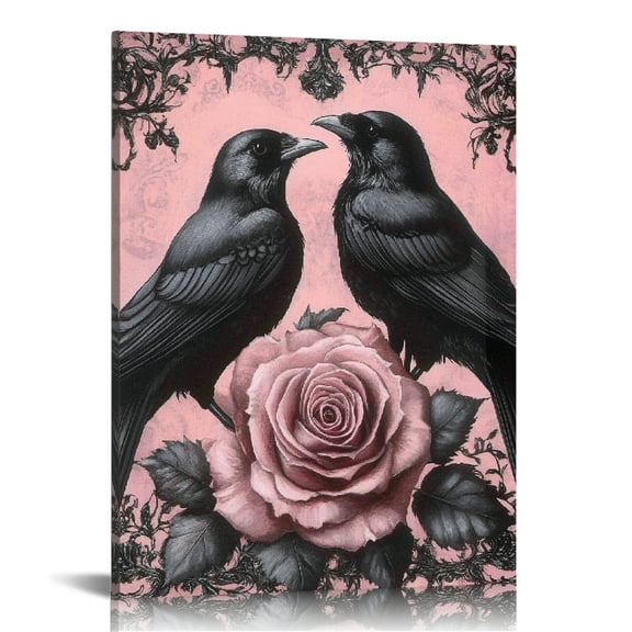 ZFLMY Black Birds Pink Rose Gothic Art Canvas Wall Decor 12x16 16x20in