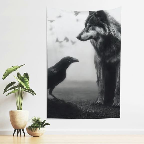 ZFLMY Black Birds Wolf Fog Tapestry Wall Art for Bedroom Living Room 40*60in