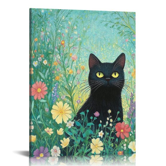 ZFLMY Black Cat Flowers Canvas Wall Decor for Home Office Art 16x20in