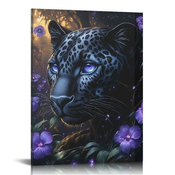ZFLMY Black Leopard Purple Flowers Canvas Wall Art Home Decor 12x16in