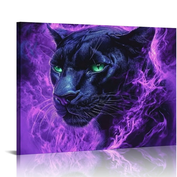 ZFLMY Black Panther Purple Flames Canvas Art Print Wall Decor 16x12in