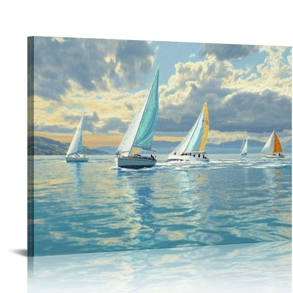 ZFLMY Blue Abstract Wall Art Canvas Ocean Sailing Ship Picture Modern Coastal Painting, Hand Textured Artwork For Living Room Bedroom Bathroom Home Office Wall Decoration 16x12in