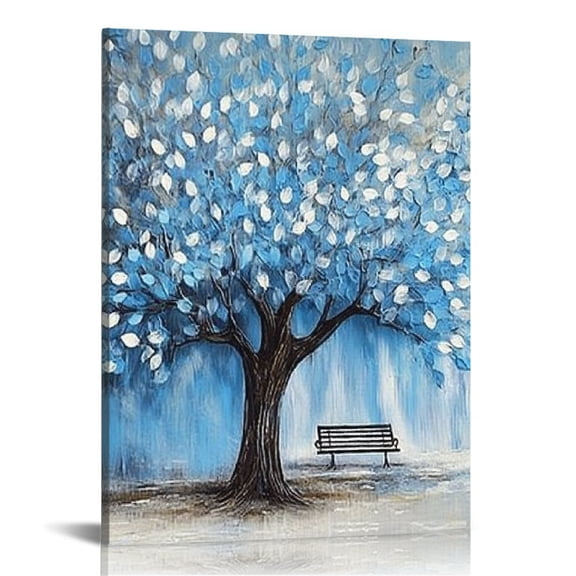 ZFLMY Blue Tree White Leaves Wall Art Canvas Print Modern Home Decor for Living Room Bathroom Bedroom Office, 12x16/16x20 Inches 16x20in