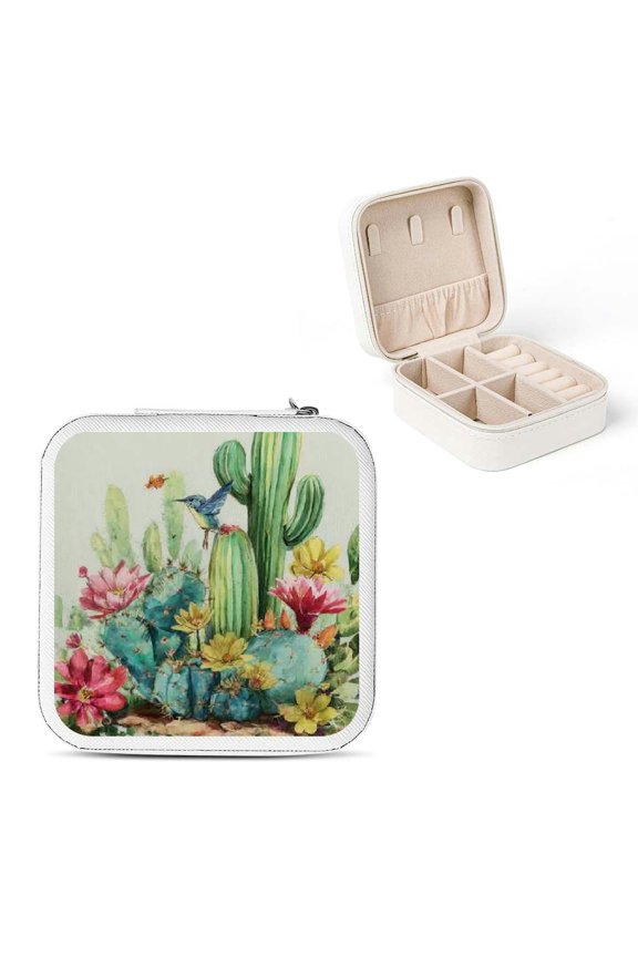 Cactus Bird Flowers Travel Jewelry Box for Necklaces Rings Earrings White
