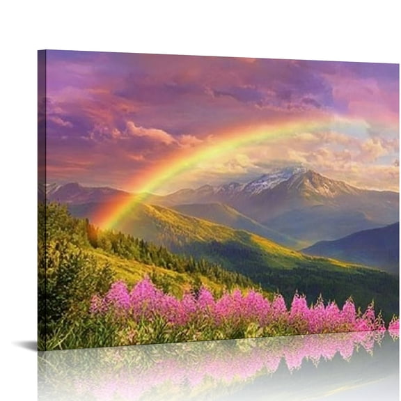 ZFLMY Canvas Wall Art - Day Dream Sun, Rainbow &amp; Beautiful Nature, Landscape Flowers Picture Photo Stretch Print, Living Room Modern Artwork, Direct Hanging Home Decoration 16x12in