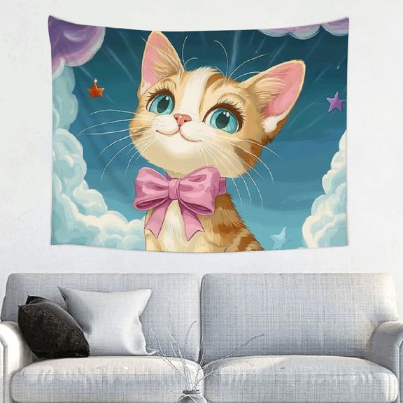 ZFLMY Cat Bow Cloud Tapestry Wall Hanging Decoration 100% Polyester Dorm Bedroom Living Room Decor 40x30in
