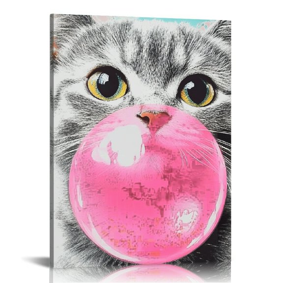 ZFLMY Cat Pink Bubble Pop Art Modern Canvas Prints Home Decor Living Room Bathroom Bedroom Office - Ready to Hang Wall Art 12x16in